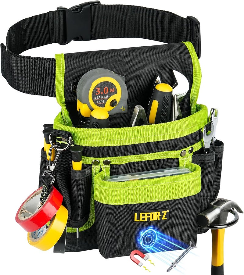 LEFORZ Tool Belt,Magnetic Tool Pouch,14-Pockets Tool Belts for Men,Detachable & Adjustable Tool Pouch belt for Electrician,Carpenter,Construction,Work Apron,Utility Belt,Black-Green - Image 1